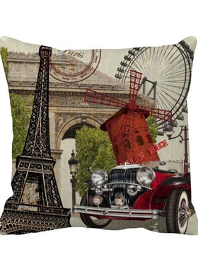 地标埃菲尔铁塔方形抱枕靠枕沙发靠垫双面含芯礼物学校幼儿园装饰