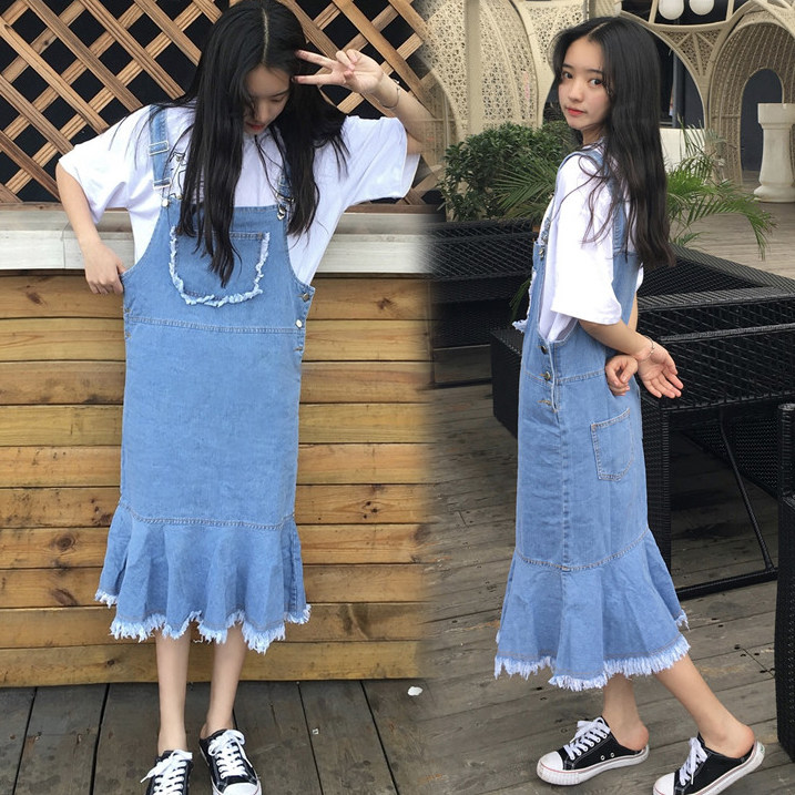 夏季荷葉邊背帶牛仔過膝寬松長裙街拍淺藍色須邊吊帶連衣裙包郵在類目 女裝/女士精品, 半身裙中 - 來自Buy2taobao.com提供專業的淘寶代購服務