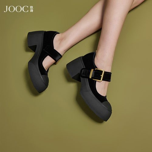 【复古少女】JOOC玖诗复古粗跟单鞋女厚底新款丝绒玛丽珍鞋子