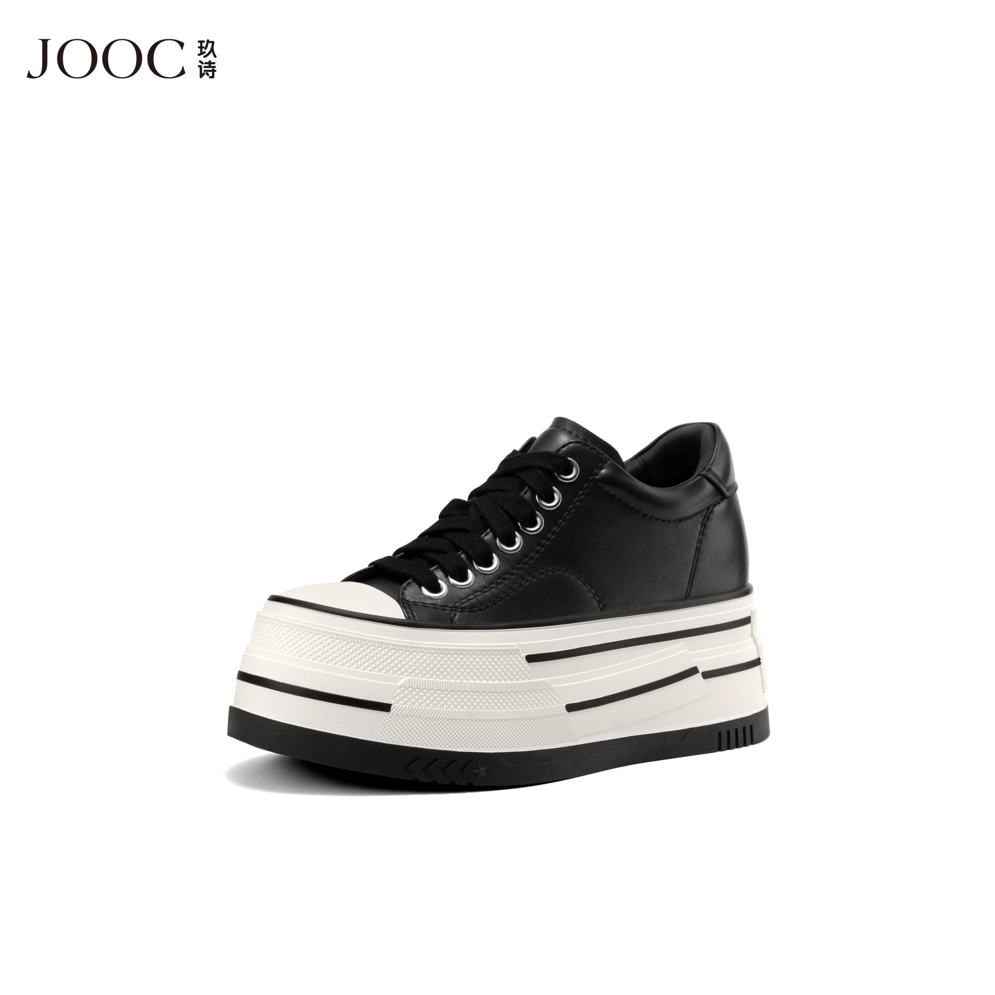 JOOC玖诗复古休闲鞋2025秋冬新款经典黑白系带厚底简约增高板鞋女