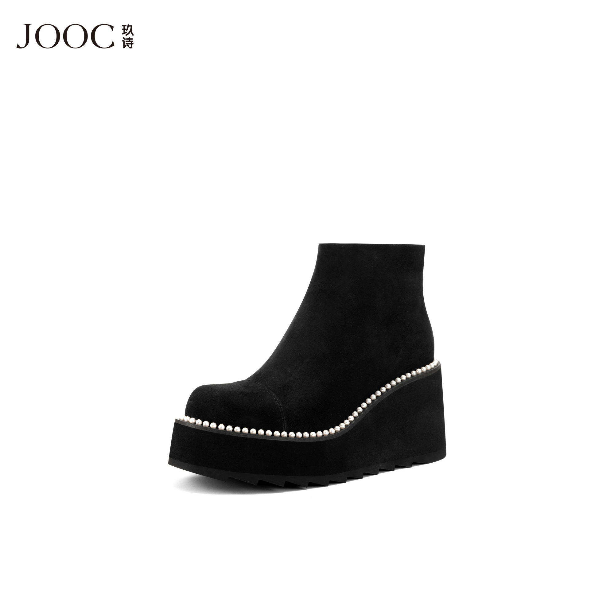 玖诗圆珍珠绕边坡跟短筒靴女