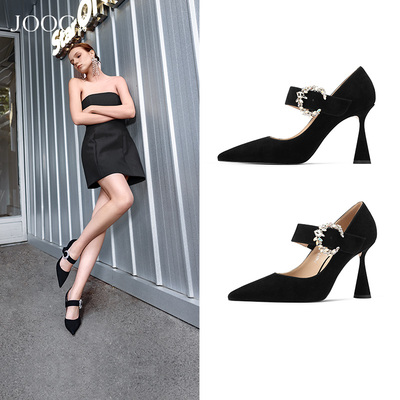 【复古文艺】JOOC玖诗黑色高跟鞋女2026春季新款一字带扣尖头单鞋