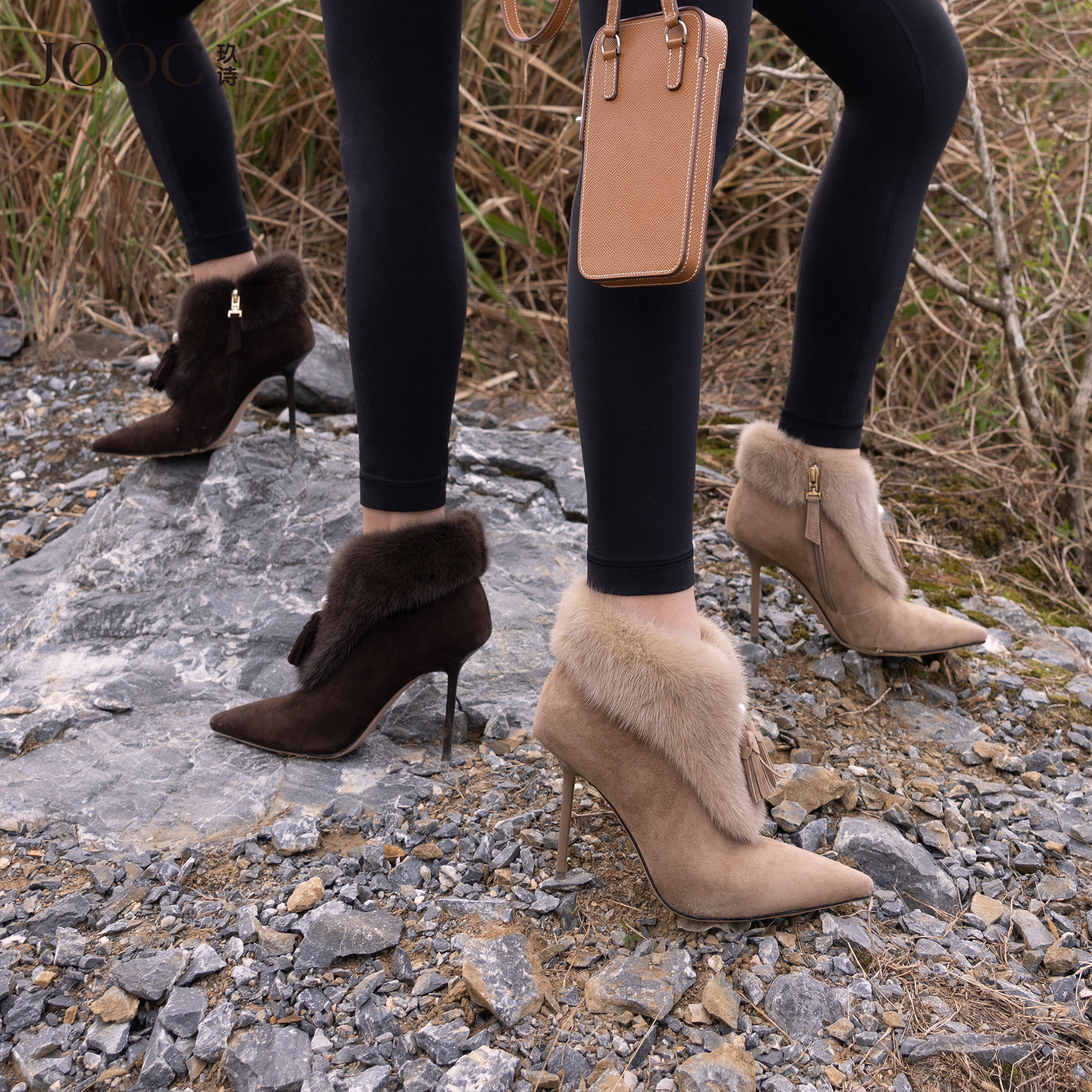 【梦幻星辰】JOOC玖诗水貂毛时装靴女2025冬季新款尖头细高跟踝靴