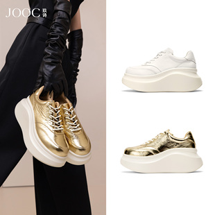 女2026春夏新款 JOOC玖诗真皮厚底休闲鞋 金色运动板鞋 流光乐享