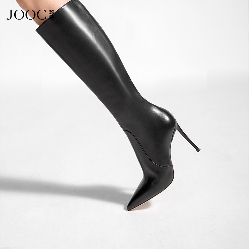 【经典系列】JOOC玖诗细高跟长靴女真皮百搭膝下高筒时装长靴