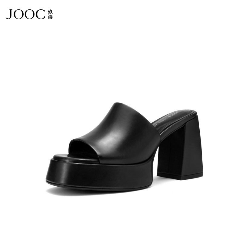JOOC玖诗防水台增高凉拖女2026夏季新款黑色露趾外穿百搭高跟拖鞋