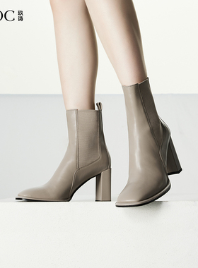 【经典系列】JOOC玖诗方头短靴女粗高跟胎牛皮弹力切尔西靴子