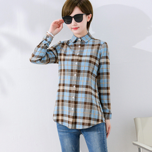 胖妹妹蓝色加厚格子衬衫 独特超好看单穿韩系春秋外套纯棉大码 女装