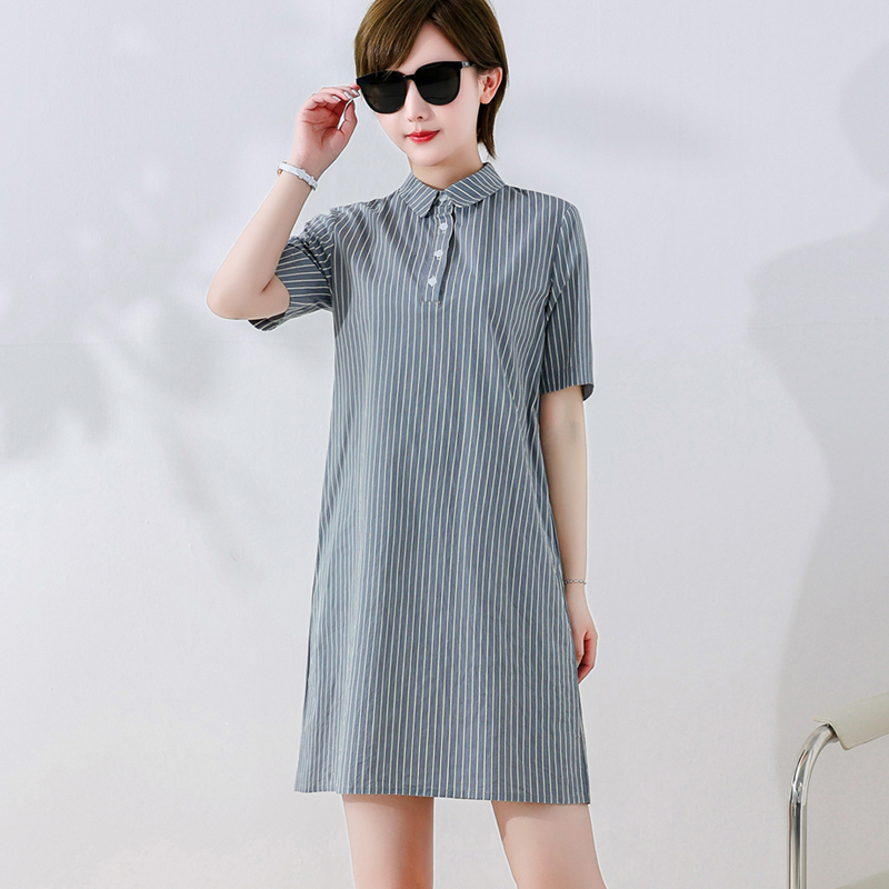 大码百分百大码女装衬衫裙淘宝中长款夏季穿搭夏天衣服条纹连衣裙
