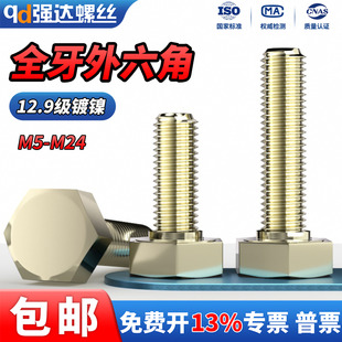 QD12.9级全牙外六角螺丝镀镍加长螺钉高强度螺栓M5M6M8M12-M20M24