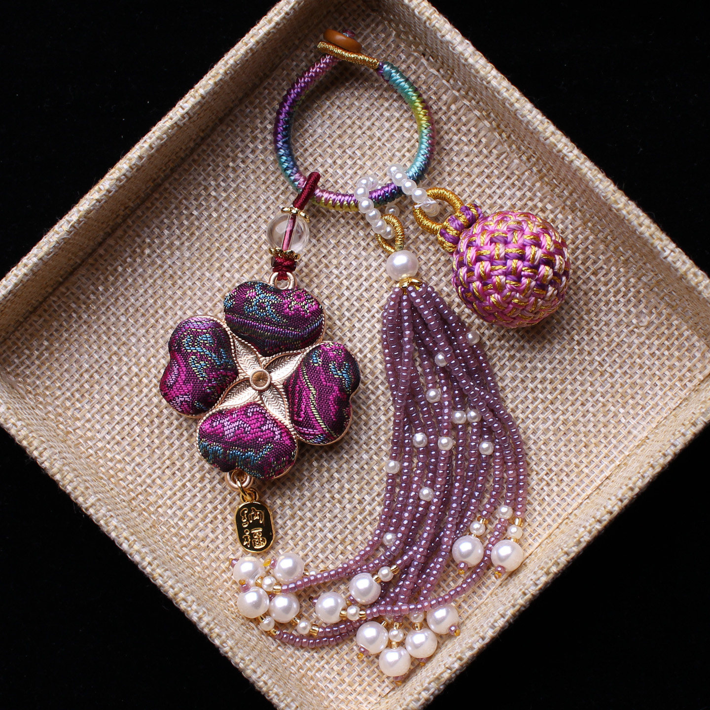 紫色四叶草非遗宋锦包包挂件流苏穗子编织有球必应汉服挂饰钥匙坠,饰品/流行首饰/时尚饰品新,压襟挂件,淘宝优惠券,粉丝福利购,淘宝优惠卷