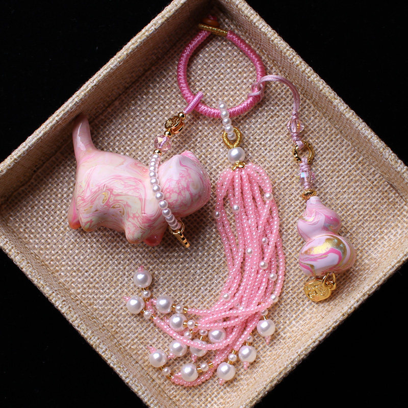 非遗粉色大漆招财猫葫芦流苏穗子包包挂件旗袍汉服挂饰钥匙扣饰品