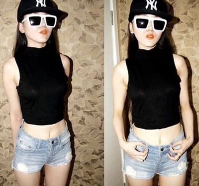 复古aa风夏 高领高腰短款露脐露腰紧身修身打底小背心无袖T恤女