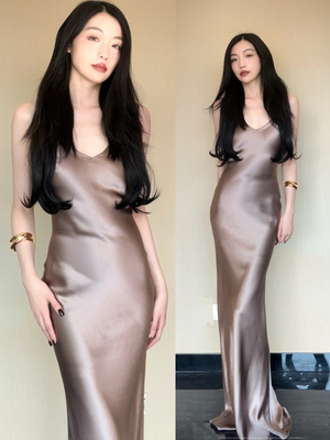 醋酸吊带长裙 勾勒曲线斜裁连衣裙晚礼服