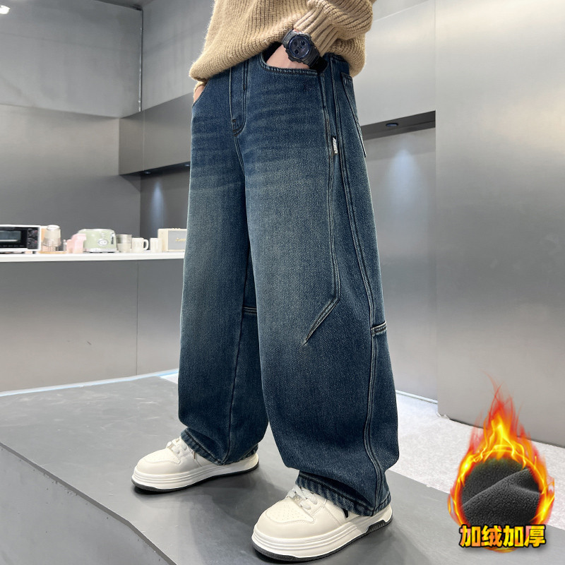 男童装直筒牛仔裤秋装加绒中大童重工艺拼接儿童复古美式休闲长裤
