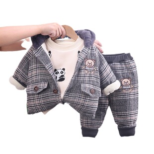 秋冬款男童女童加绒千鸟格外套长袖套装洋气宝宝加绒加厚三件套