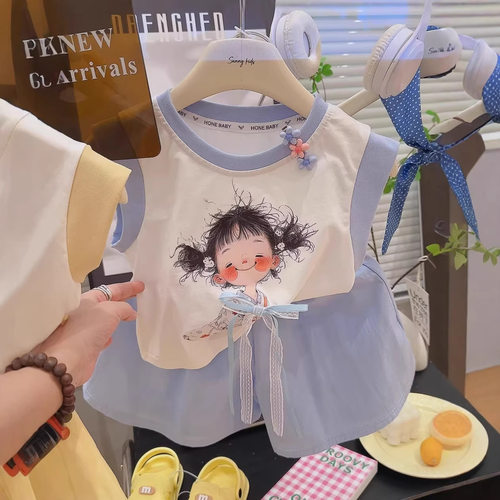 女童纯棉上衣裤裙套装 新款2026飞袖上衣套装两件套