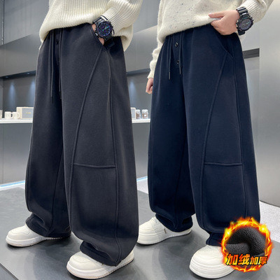 儿童运动卫裤男童裤子秋冬新款季男大童加绒加厚一体直筒弯刀休闲