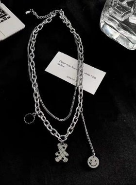 楚尼网红ins钛钢双层可爱小熊叠戴项链男女个性笑脸吊坠时尚短款