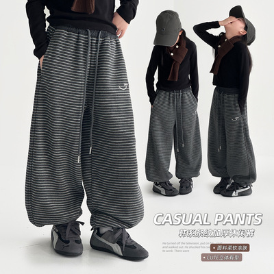 女童秋冬款休闲加绒加厚条纹卫衣运动服套装中大童洋气儿童秋装潮