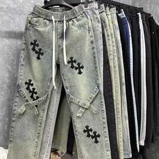 男美式 新款 十字架牛仔裤 复古夏季 子 高街宽松休闲裤 潮牌痞帅九分裤