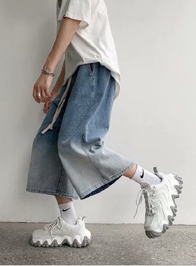 渐变牛仔短裤潮牌男夏季薄款宽松