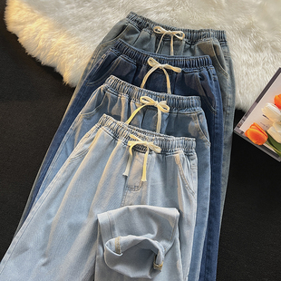 系绳直筒牛仔裤春秋季ins港风男生裤子潮牌休闲百搭宽松阔腿长裤