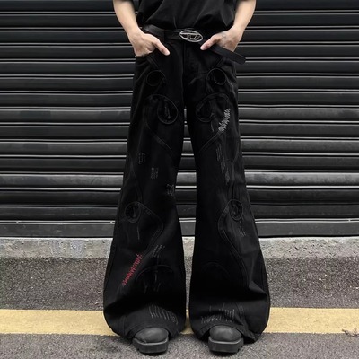 美式复古小众设计感刺绣牛仔裤