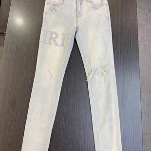 网红高街新款欧美潮牌男浅色破洞烫钻补丁长裤牛仔裤弹力修身小脚