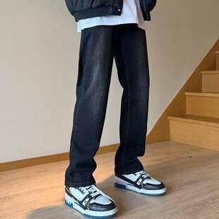 美式复古黑色牛仔裤男款直筒修身高街潮牌宽松炸街痞帅微喇长裤子