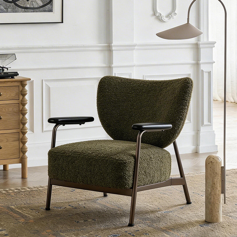 松烟苔色金属扶手带实木客厅阳台休闲小户型法式复古风单人沙发椅