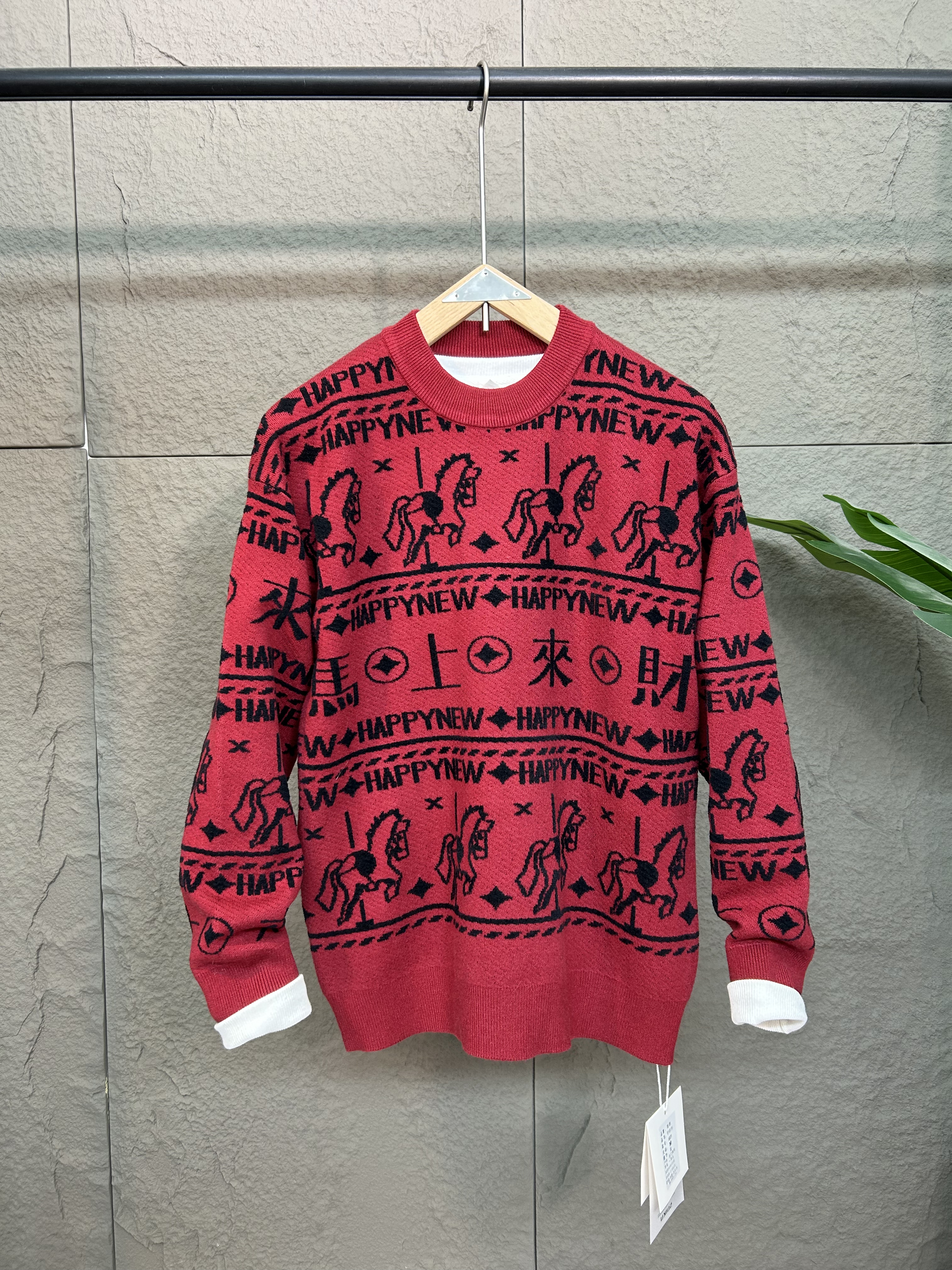 马年生肖限定红毛衫双面针织加厚毛衣冬季圆领打底宽松男女情侣