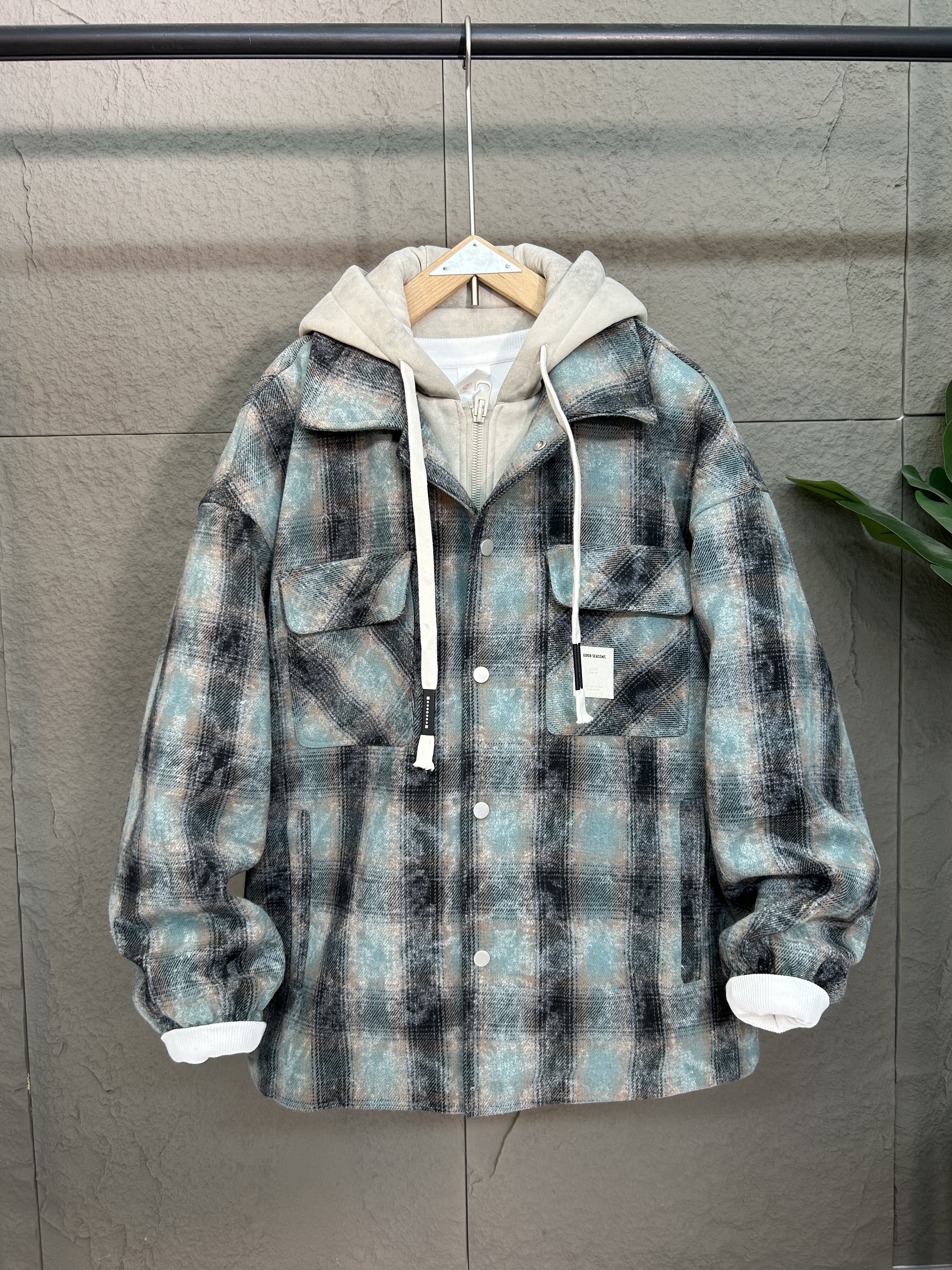 潮牌毛呢夹克加绒加厚秋冬连帽假两件扎染格外套宽松阔版男女情侣