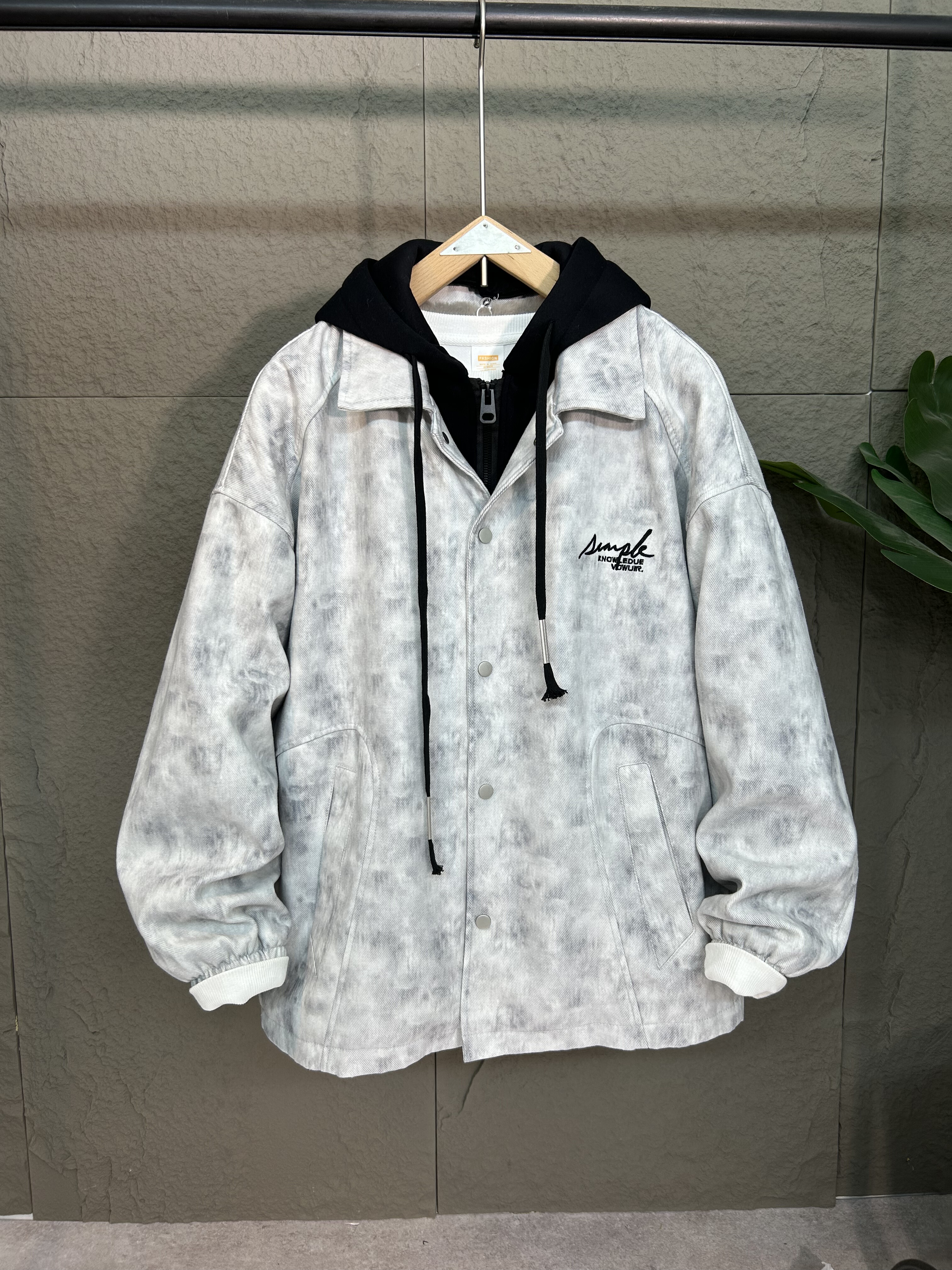 潮牌加绒夹克2025秋冬加厚牛仔扎染可拆卸假两件外套宽松男女情侣