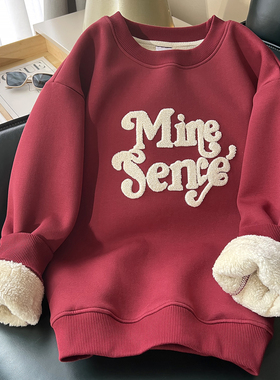 红色加绒加厚卫衣女秋冬款2025新款美式无帽冬季仿羊羔绒保暖外套