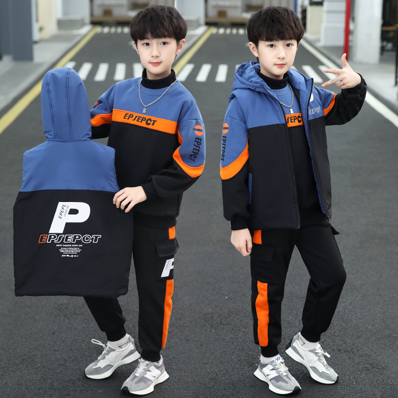 儿童三件套男童加绒套装2024秋冬新款中大童男孩衣服深秋潮款休闲