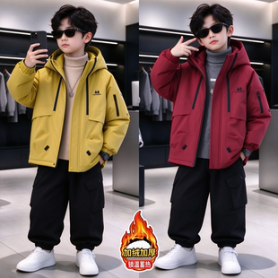 男童秋冬款韩版痞帅加绒外套中大童儿童连帽风衣休闲保暖二棉棉衣