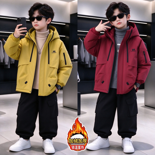 男童秋冬加绒连帽风衣韩版