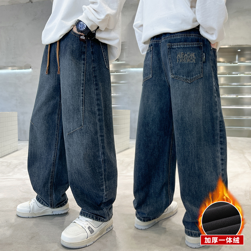 男童牛仔裤冬季加绒宽松直筒长裤
