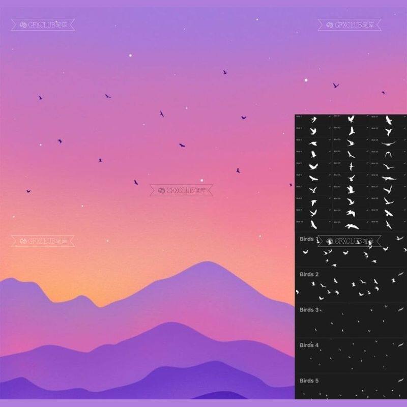 Procreate植物花草图案飞鸟图形印章35款iPad绘画工具绘本素材包