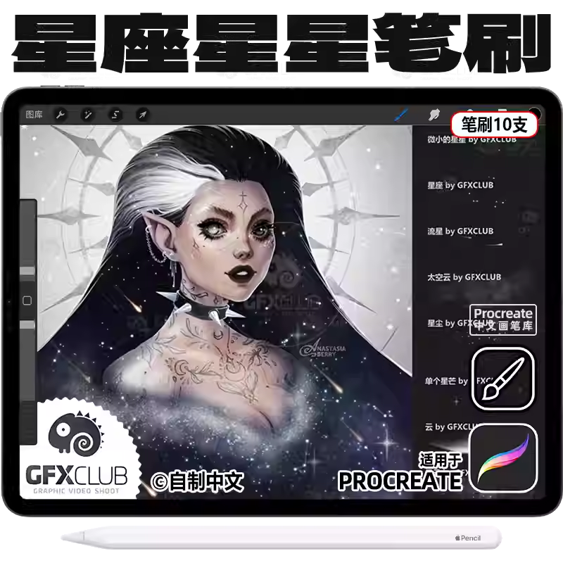 10支Procreate星座空间星空星系星星手绘流星绘本 手绘ipad画笔库
