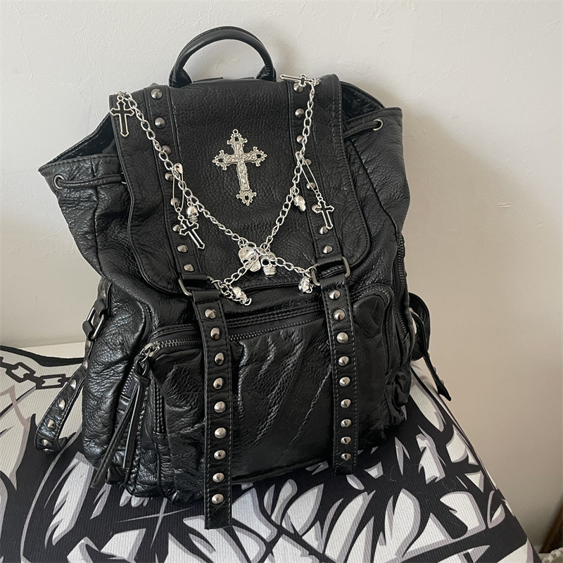 DAYLIGHT LUST ORIGINAL MILLENNIAL BABES SOFT LEATHER SUBCULTURE BACKPACK DARK SKULL CROSS CHAIN COMMUTER BACKPACK