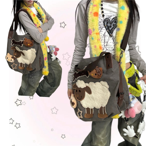 日光欲原创小羊帆布托特包Y2K大容量通勤小众设计手提腋下斜挎包