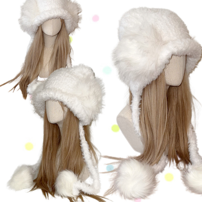 日光欲Y2K毛绒帽秋冬千禧辣妹小众可爱休闲毛球护耳保暖白雷锋帽