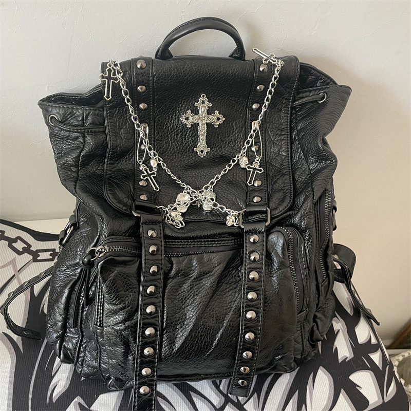 DAYLIGHT LUST ORIGINAL MILLENNIAL BABES SOFT LEATHER SUBCULTURE BACKPACK DARK SKULL CROSS CHAIN COMMUTER BACKPACK