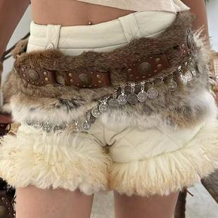 日光欲原创腰带茶色复古兔毛拼接链子穿搭秋冬朋克摇滚千禧皮带女