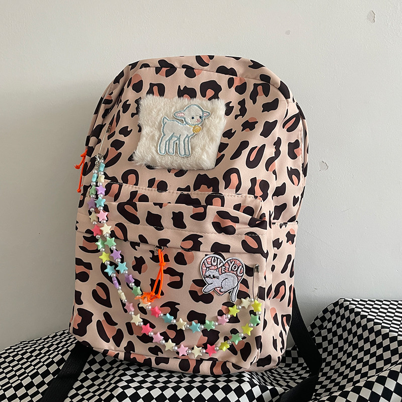 MILLENNIUM FIVE-POINTED STAR BACKPACK CUTE GIRL LEOPARD PRINT COLLEGE STUDENT SCHOOLBAG FEMALE PLUSH NICHE ALL-MATCH ABI BACKPACK
