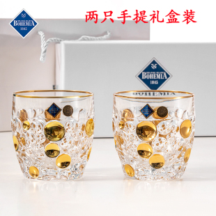进口捷克BOHEMIA水晶描金威士忌杯创意刻花洋酒杯轻奢炫彩果酒杯