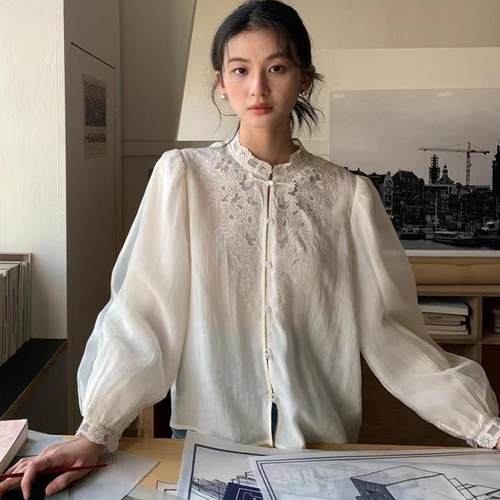 miluroom新款国风宽松休闲百搭立领刺绣衬衫女设计感小众长袖上衣