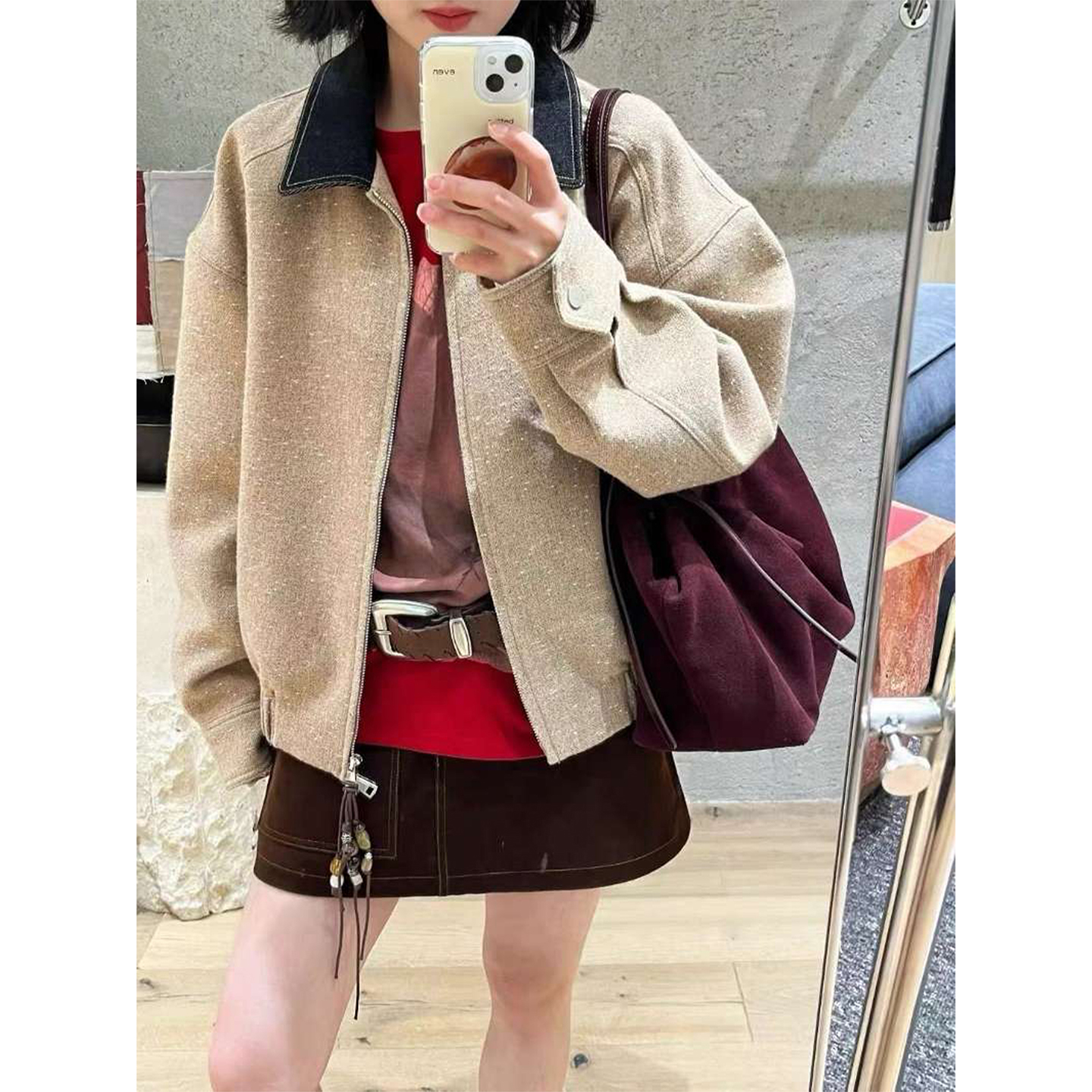 TINMAN新款短款外套女领子拼接小个子秋冬百搭时尚休闲气质上衣